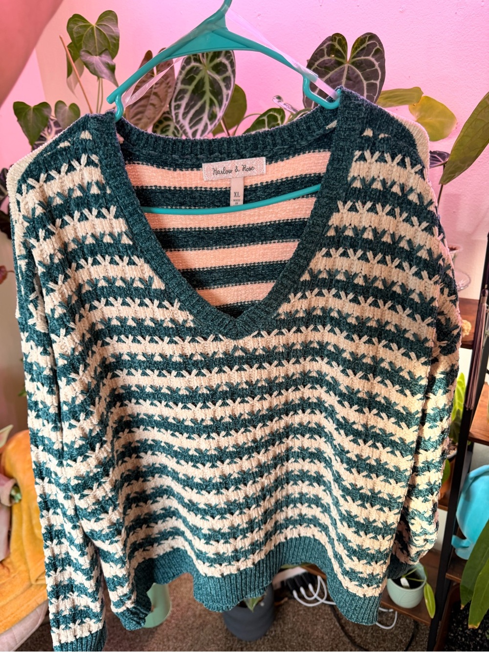 Vineyard Vibes Green & Cream V-Neck Sweater